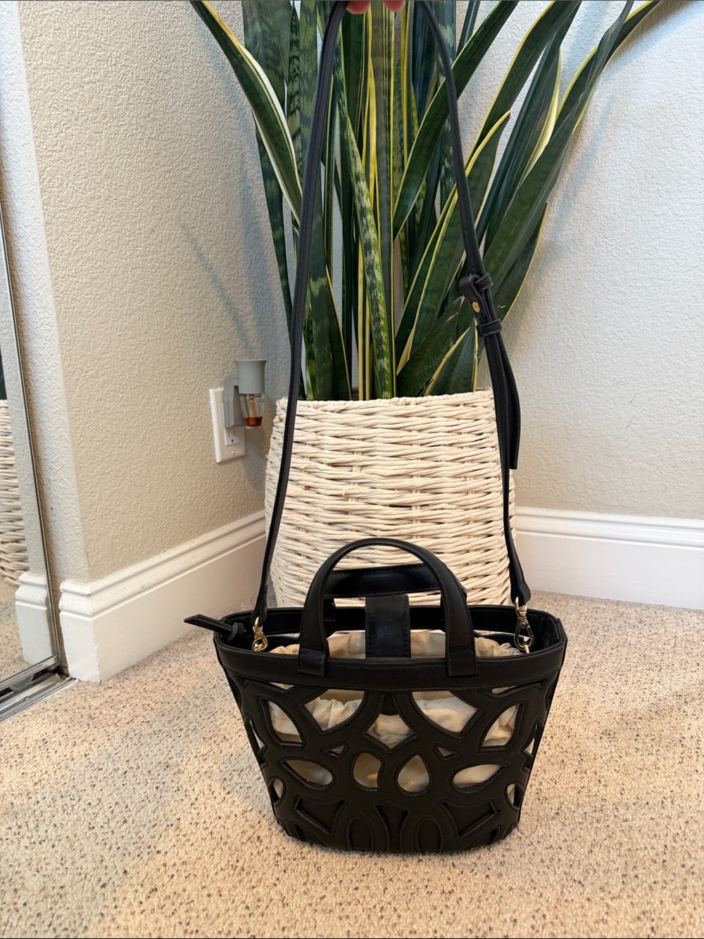 Zara Black Cutout Leather Tote with Cream Insert